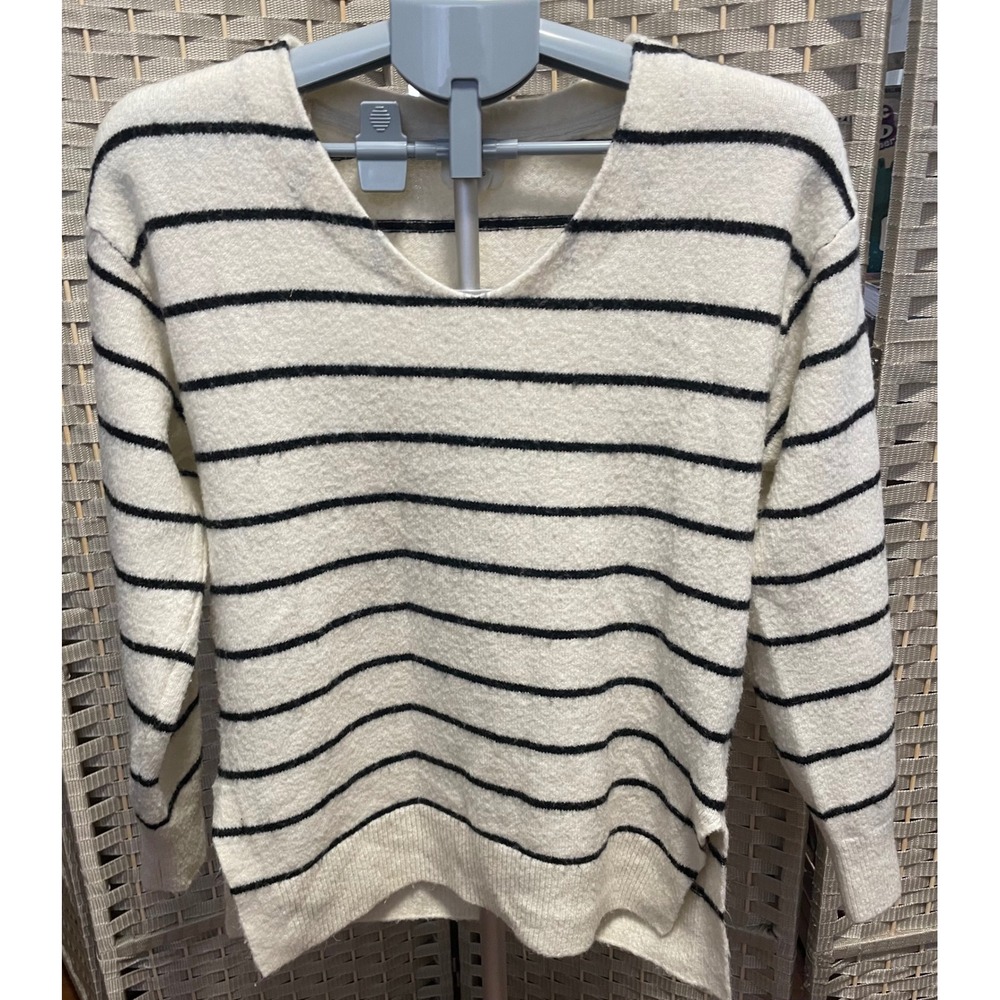 HM V-Neck Striped Sweater Cream Black Wool Blend Size XS